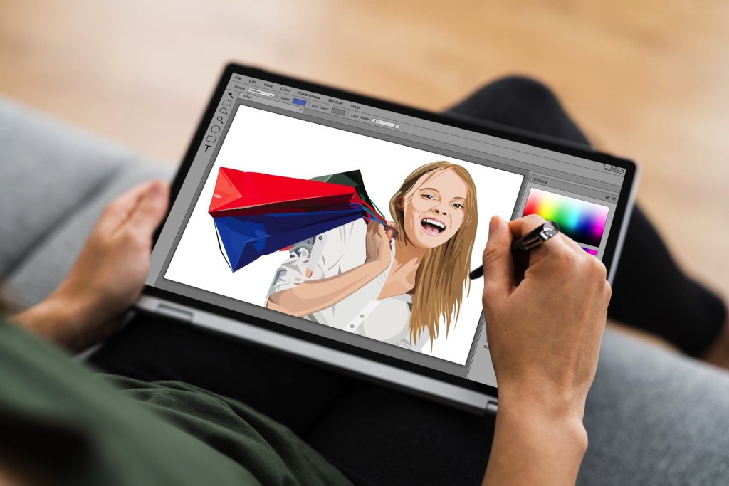 Gambar menunjukkan menunjukkan seorang individu sedang melukis menggunakan tablet.